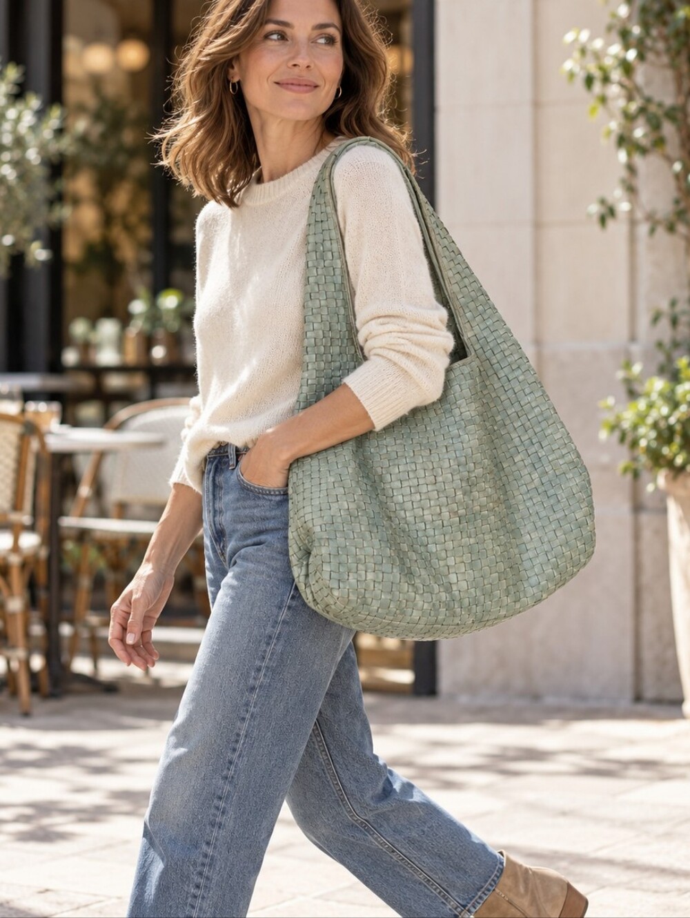 Large Woven Genuine Leather Hobo Distressed Bag Green Slouchy Shoulder Purse